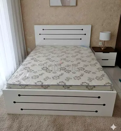 White Double Bed Frame with Mattress and Matching Nightstand - Good Condition