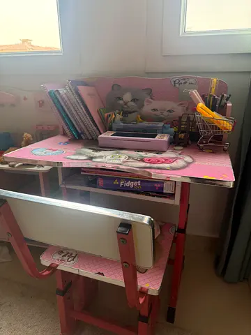 Pink Childrens Study Desk and Chair Set with Shelves - Good Condition