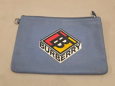 Unisex Blue/Grey Burberry Logo Leather Pouch/Clutch