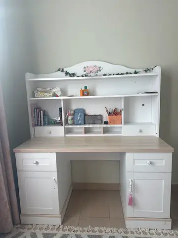 White Wooden Study Desk with Hutch and Storage — Good Condition