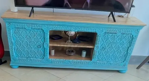 Vintage-style Turquoise Carved Wooden TV Console / Sideboard