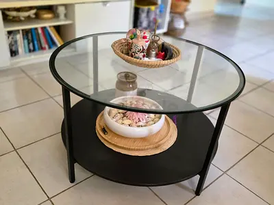 Ikea Round Glass Top Center Table with Lower Shelf - Black Metal Frame