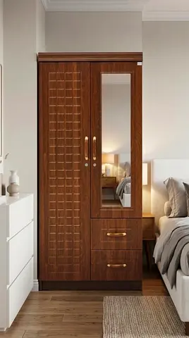 Compact Wooden Wardrobe with Mirror and Drawers - Dark Oak Finish-180x80cm