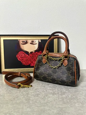 Preloved Celine-Style Mini Brown Monogram Satchel Bag with Detachable Strap