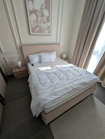 Upholstered Double Bed with Headboard and Two Nightstands, Excellent Condition