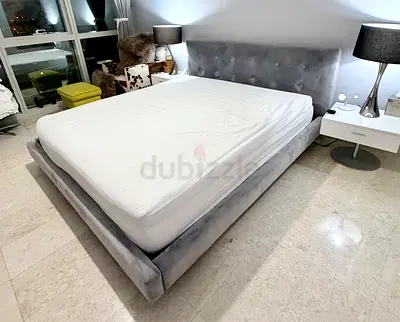 Grey Velvet King Bed Frame with Tufted Headboard and Ikea coil spring mattress - Excellent condition