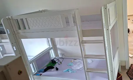 White Wooden Bunk Bed with Ladder — Good Condition