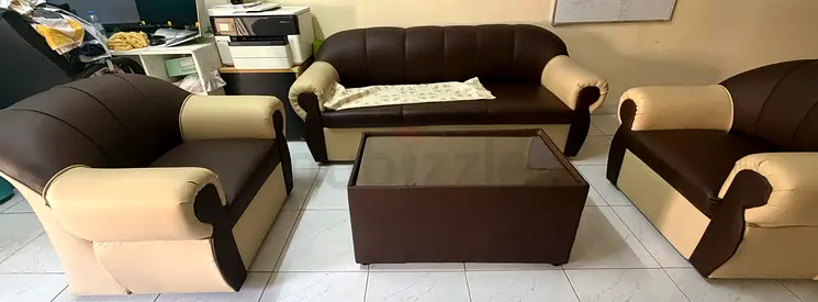 Brown and Cream 3-Seater Sofa Set with Two Armchairs and Coffee Table