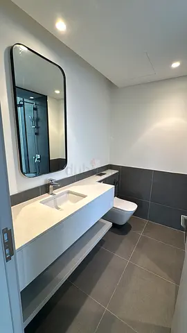 Modern Bathroom Vanity with Built-in Sink and Mirror. Full set. 7 pieces. Installed but never used.