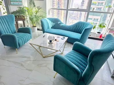 Teal Velvet 3-Seater Sofa with 2 Matching Armchairs - Excellent Condition