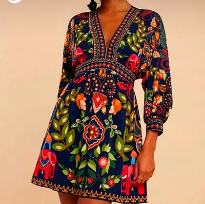 Boho V-neck Floral Elephant Print Mini Dress