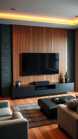 Custom Made Modern TV Wall Unit | Wooden Slat Panel | Floating TV Cabinet | LED TV Wall UAE