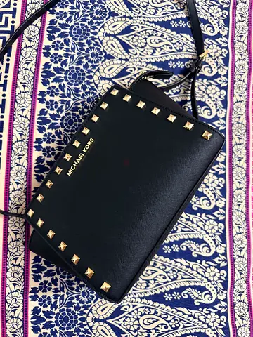 Michael Kors Black Leather Crossbody Bag with Gold Studs - Small