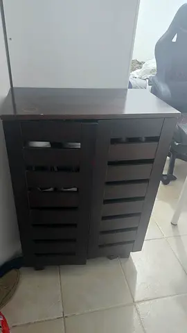 Dark Wood Nightstand / Bedside Table with Slatted Door - Good Condition