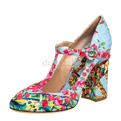 Authentic Dolce  Gabbana Blue Floral Print Fabric T-Strap Pumps Size 40
