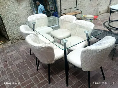 Glass Top Dining Table with 6 Upholstered Chairs - Modern Set