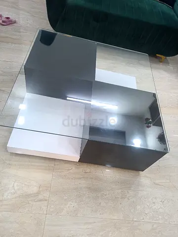 Modern Glass Top Coffee Table with Black  White Block Base