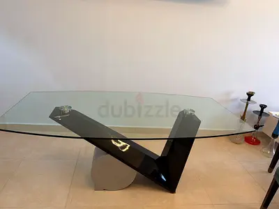 Glass Top Dining Table with Modern V-Shaped Black Base