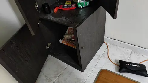 Small dark wood bedside cabinet with doors - used(Pooja Room Cabinet)