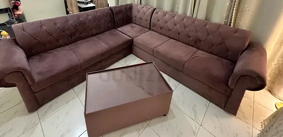 Violet Tufted L-Shaped Sectional Sofa with Matching Ottoman