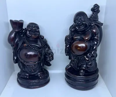 Pair of Dark Wood Laughing Buddha Statues