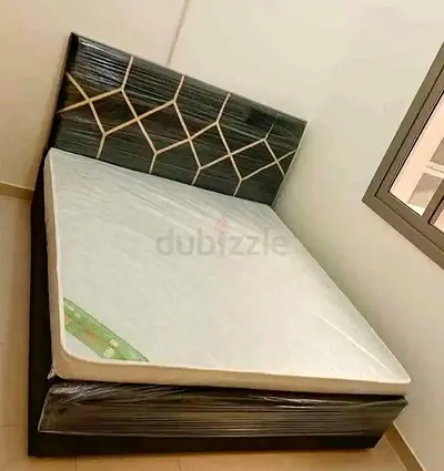 Queen bed frame with mattress - modern headboard, near-new