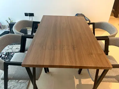 Wooden Dining Table with 4 Upholstered Armchairs - Modern Set