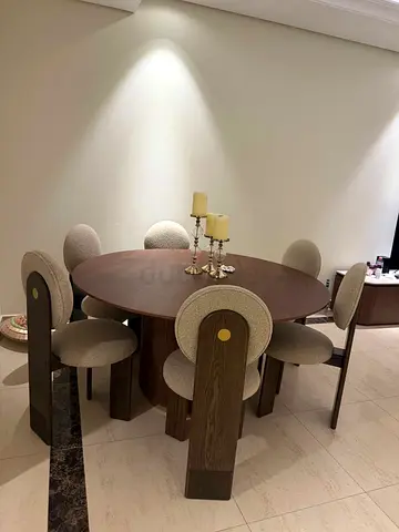 Round Wooden Dining Table with 6 Upholstered Chairs