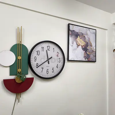 Wall decor set with large round clock and abstract art panel