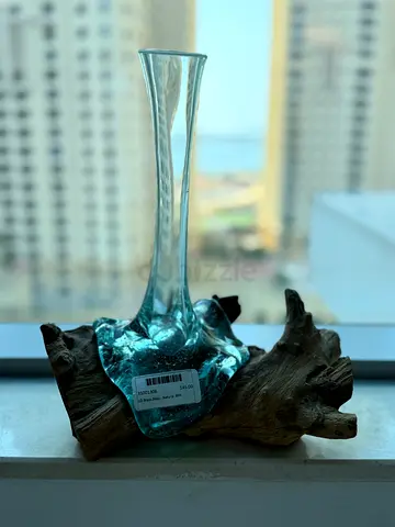 Handmade Glass Vase Fused on Driftwood - Decorative Centerpiece
