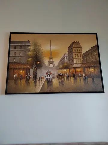 Framed Paris Street Scene Painting with Eiffel Tower