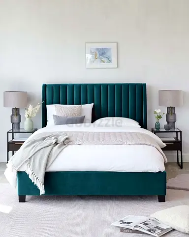 Upholstered Velvet Queen Bed with Channel-Tufted Headboard - Teal