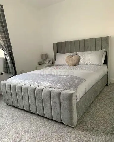 New Grey Velvet Upholstered Double Bed with Footboard Design - Hydraulic Storage Available on Demand
