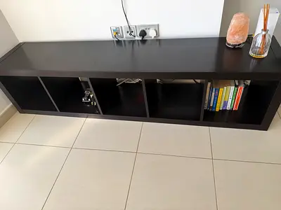 Low Black TV Unit / Media Console with 5 Open Compartments