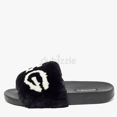 Authentic Dolce  Gabbana Black Fur Logo Print Slides Size 37