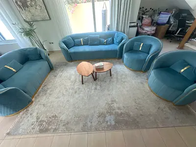 Blue Velvet 3-2-1 Sofa Set with Matching Armchairs — Excellent Condition