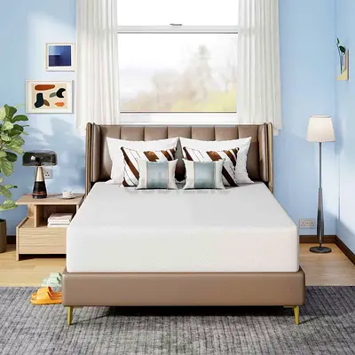 Brown leather upholstered double bed with mattress