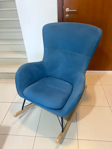 Blue Upholstered Accent Chair with Wooden Legs - Good Condition