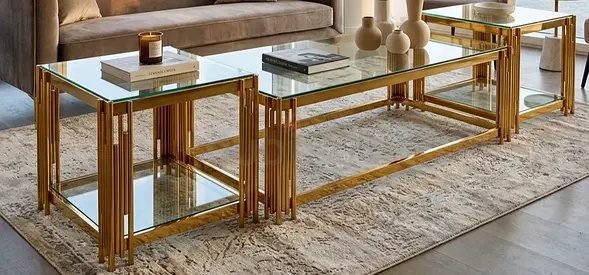 Glass Top Gold Frame Coffee  Side Table Set (3pcs) - Modern Art Deco Style