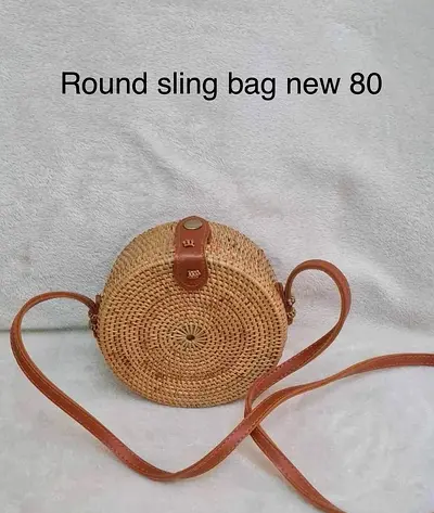 Round Rattan/Wicker Sling Bag with Leather Strap - New