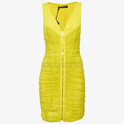 Authentic Versace Yellow Embellished Tulle and Jersey Ruche Mini Dress M