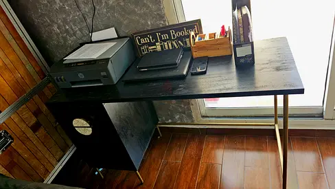 Black rectangular wooden study desk with storage cabinet — good condition