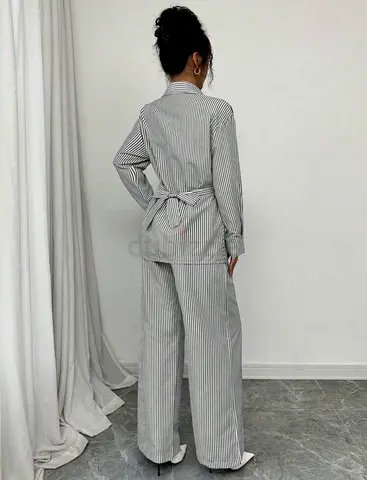 Grey Pinstripe Two-Piece Lounge Set (Top + Wide Leg Pants) - Size medium - BRAND NEW