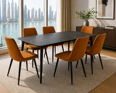 Modern Brown 6-Seater Dining Table Set – Dark Marble Top  Leather Chairs UAE