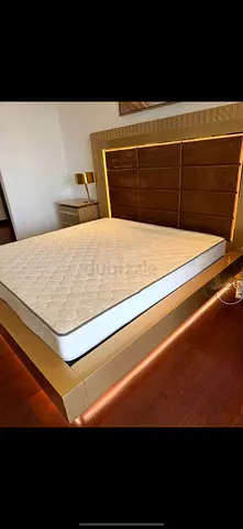 King Size Bed Frame with Headboard and Mattress - Modern Gold Accent