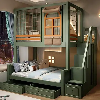 Solid Wood Green Bunk Bed with Storage and Play Loft - Excellent Condition