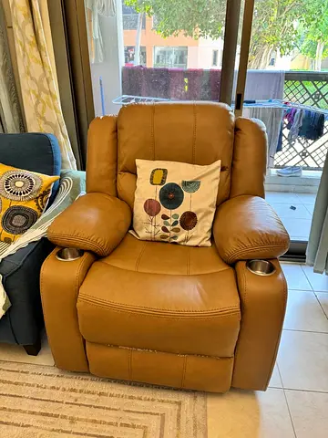Single Tan Leather Recliner Armchair with Cup Holders
