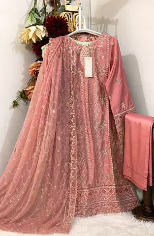 Embroidered Pink Formal Suit with Matching Dupatta - Size Tag Attached