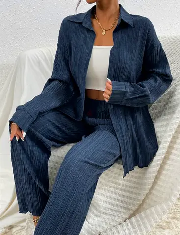 Navy Ribbed Two-Piece Set — Button Shirt  Wide-Leg Pants, SIZE MEDIUM BRAND NEW