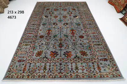 2*3m afghan wool Handwoven Traditional Floral Rug - Grey Blue, 213 x 298 cm